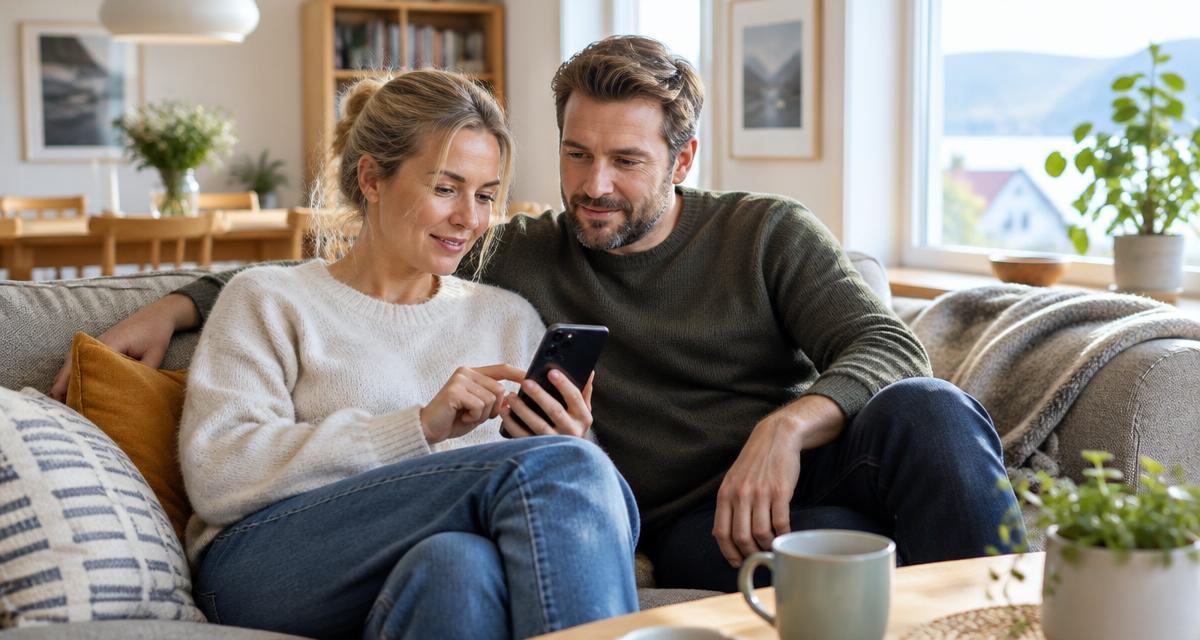 Familie ved kjøkkenbordet som ser på mobilen